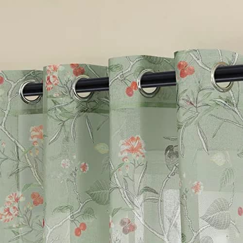 XTMYI Sage Green Floral Curtains 213 cm (84 Inches) Long | French Country Bird Botanical Pattern Voile Panels Set thumbnail 7