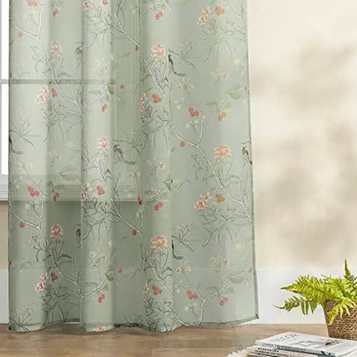 XTMYI Sage Green Floral Curtains 213 cm (84 Inches) Long | French Country Bird Botanical Pattern Voile Panels Set thumbnail 8