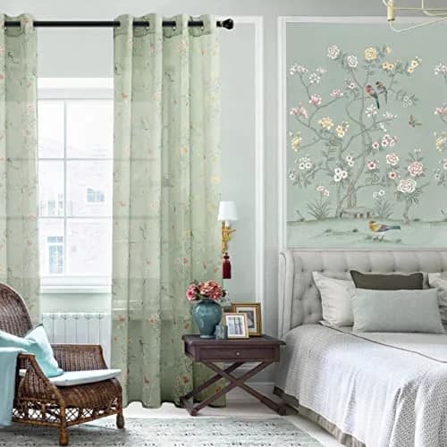 XTMYI Sage Green Floral Curtains 213 cm (84 Inches) Long | French Country Bird Botanical Pattern Voile Panels Set thumbnail 2