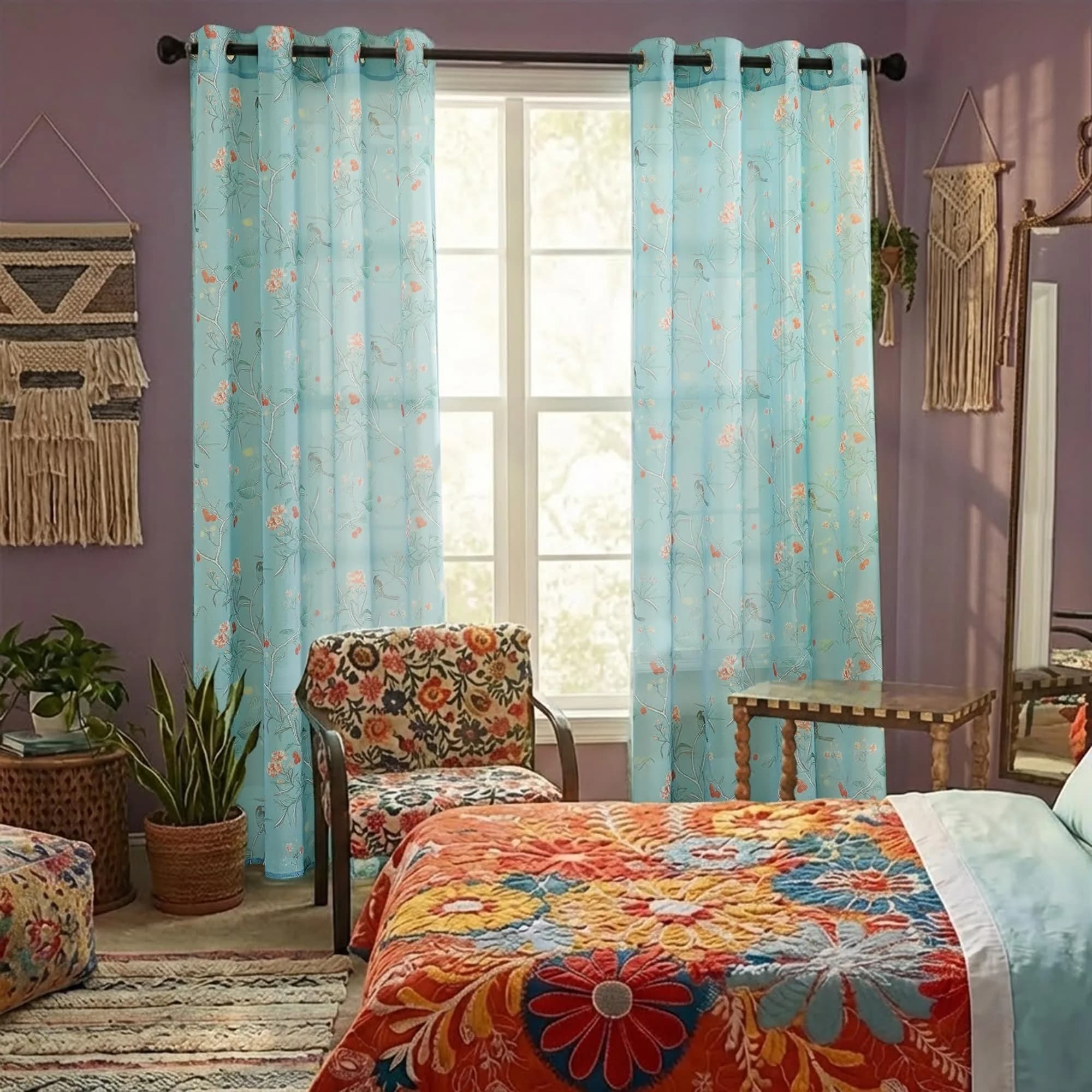 XTMYI Sage Green Floral Curtains 213 cm (84 Inches) Long | French Country Bird Botanical Pattern Voile Panels Set — Blue / 52"W x 96"L