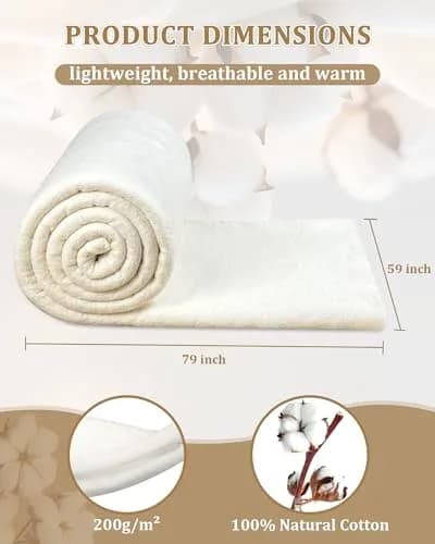 PLANTIONAL 150 cm x 200 cm (59" x 79") Natural Cotton Quilt Batting | Soft, Warm, Tear-Resistant for Quilting Projects thumbnail 2