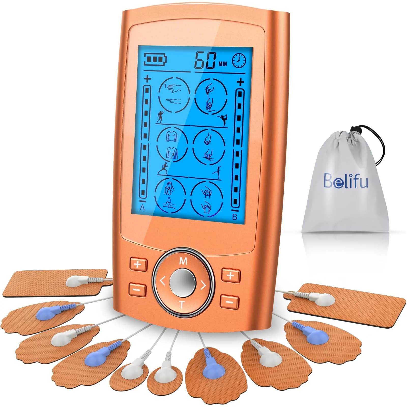 Belifu TENS EMS Unit 24 Modes Muscle Stimulator with 10 Pads, Rechargeable Pain Relief Massager | 20 Hours Use