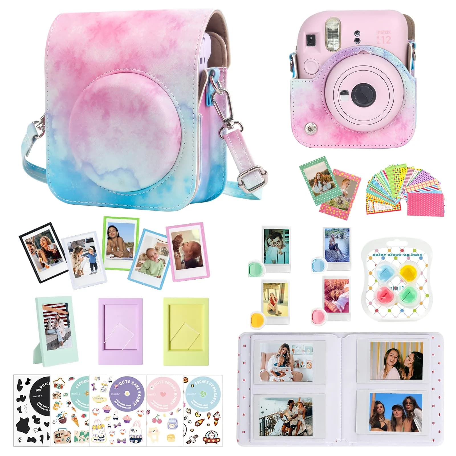 CAIYOULE Instax Mini 12 Camera Accessories Kit with Case, Album & Frames | Blue Pink Watercolor