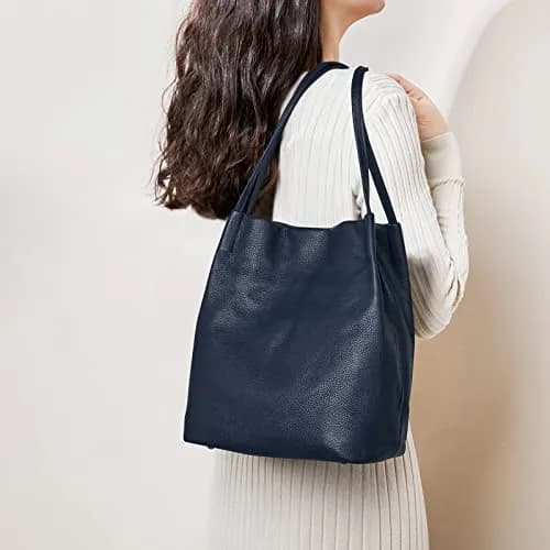 Kattee Women's Soft Genuine Leather Tote Shoulder Bag with Magnetic Snap Closure & Tablet Compartment, 28.5cm (11.2") | Dark Blue thumbnail 2