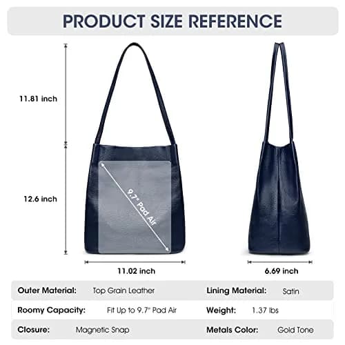 Kattee Women's Soft Genuine Leather Tote Shoulder Bag with Magnetic Snap Closure & Tablet Compartment, 28.5cm (11.2") | Dark Blue thumbnail 3