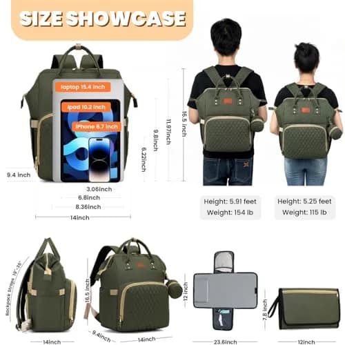 ROSEGIN Diaper Bag Backpack with Changing Pad, Pacifier Case, Baby Bag for Boy Girl Toddler - Large, Stylish, Waterproof Travel Quilted Diaper Bag for Mom - Army Green (35L) thumbnail 6