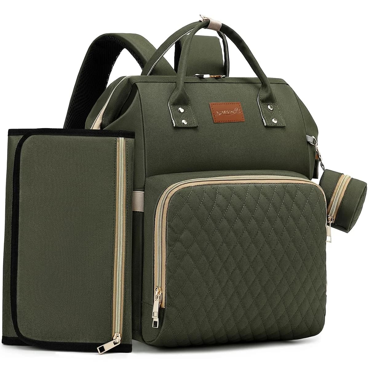 ROSEGIN Diaper Bag Backpack with Changing Pad, Pacifier Case, Baby Bag for Boy Girl Toddler - Large, Stylish, Waterproof Travel Quilted Diaper Bag for Mom - Army Green (35L)