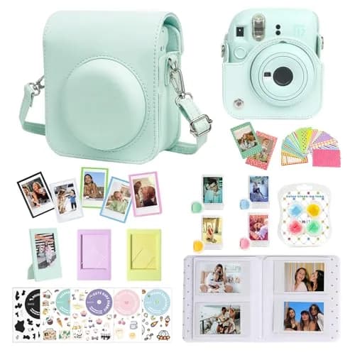CAIYOULE Mint Green Camera Accessory Kit for Fujifilm Instax Mini 12 | PU Leather Case, Photo Album, Magnetic Frames, Filters thumbnail 1