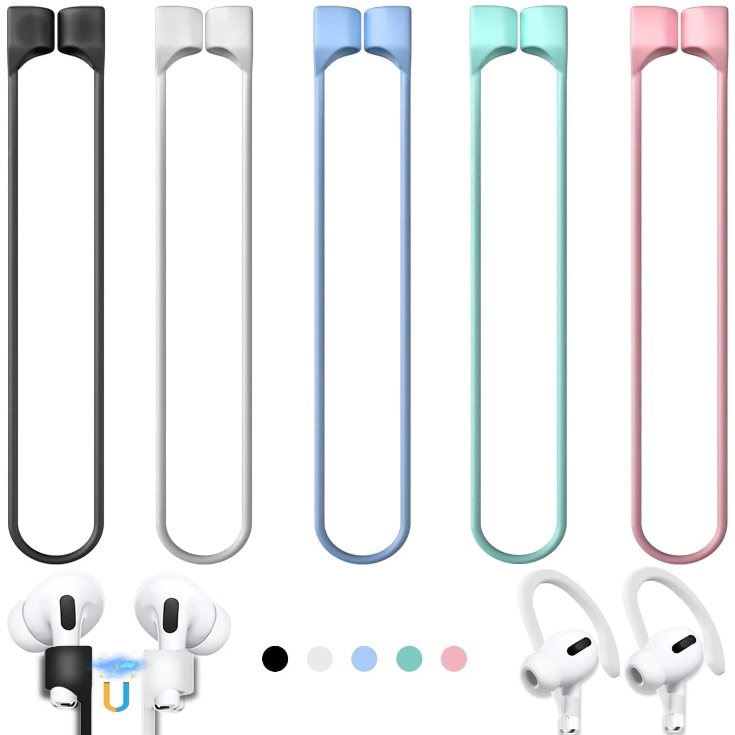 Mooyavia Ultra Strong Magnetic Anti-Lost Strap for AirPods Pro - 5 Color | Magnetic Silicone Neck Lanyard — A3-black+white+sky Blue+mint Green+pink