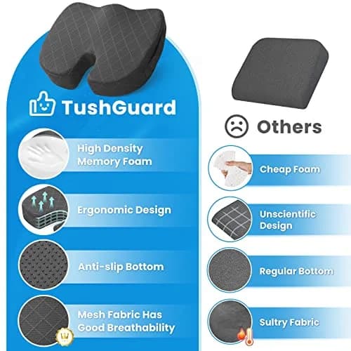 TushGuard Memory Foam Seat Cushion X-Large Grey | Ergonomic U-Shape for Sciatica & Hip Pain Relief thumbnail 6