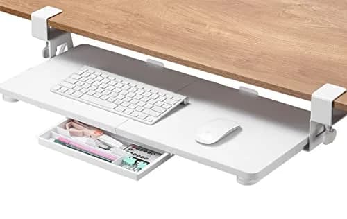 ETHU Under Desk Keyboard Tray with C-Clamp, 68cm (26.77") x 30cm (11.81"), White | Ergonomic Sliding Computer Keyboard Stand for Home and Office thumbnail 1