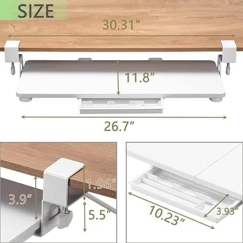ETHU Under Desk Keyboard Tray with C-Clamp, 68cm (26.77") x 30cm (11.81"), White | Ergonomic Sliding Computer Keyboard Stand for Home and Office thumbnail 2