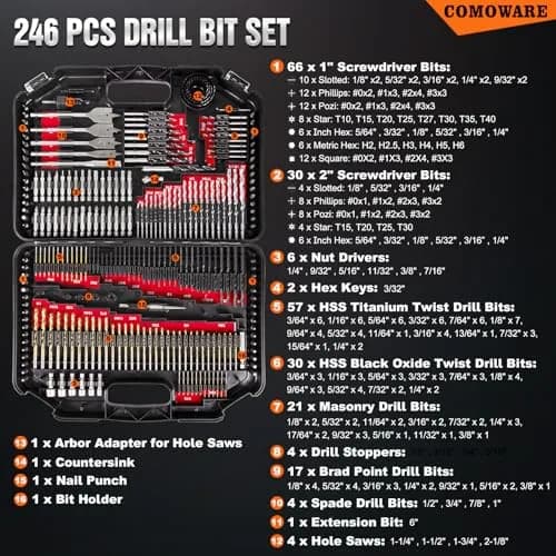 COMOWARE 246 Pcs Drill Bit Set with Case | Wood, Metal, Masonry, Cement & Screwdriver Bits thumbnail 2