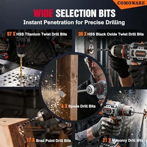 COMOWARE 246 Pcs Drill Bit Set with Case | Wood, Metal, Masonry, Cement & Screwdriver Bits thumbnail 3