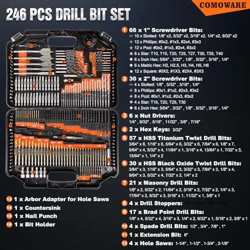 COMOWARE 246 Pcs Drill Bit Set with Orange Case | HSS Titanium & Black Oxide Coated Bits for Wood, Metal, Masonry thumbnail 2