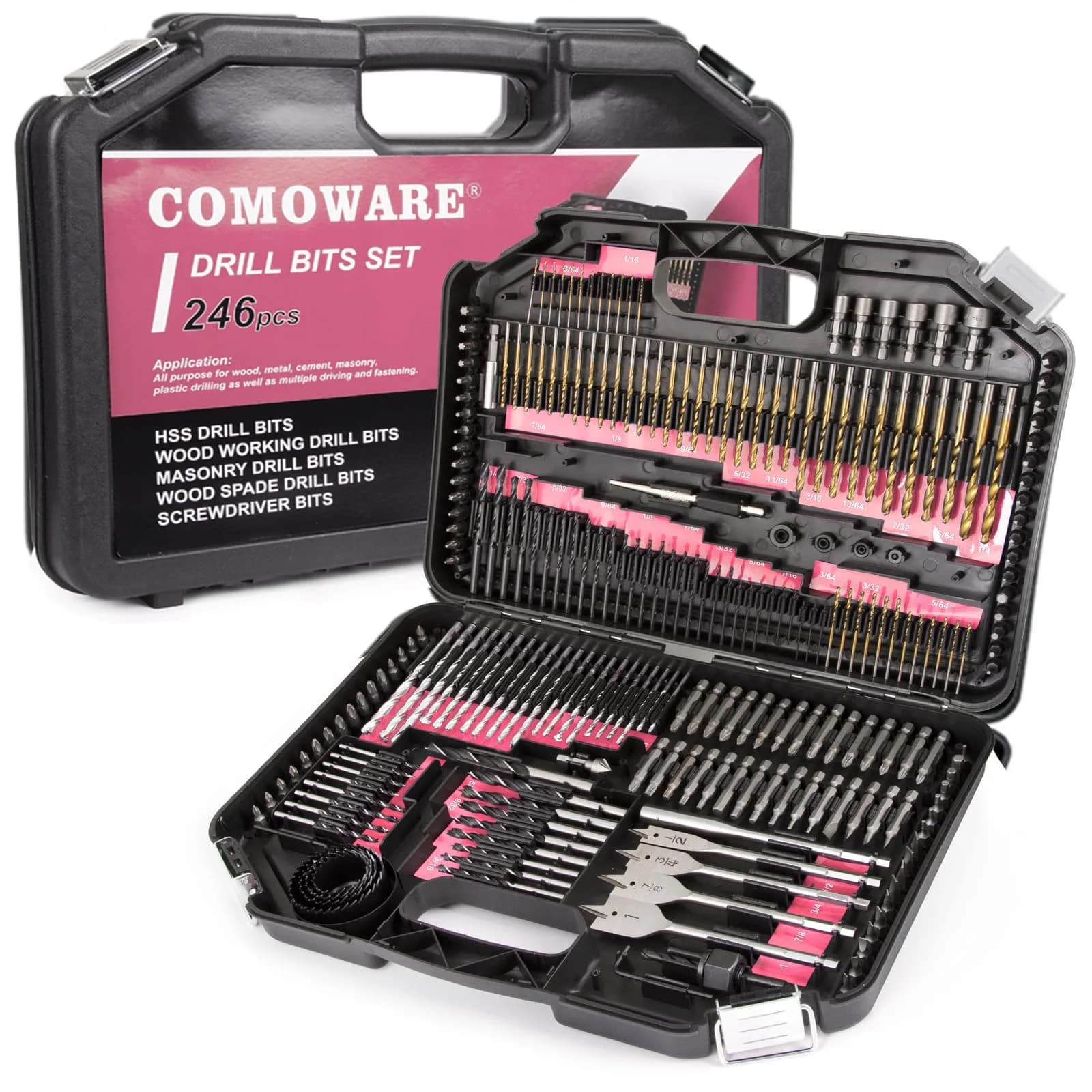 COMOWARE 246 Pcs Drill Bit Set with Case | Wood, Metal, Masonry, Cement & Screwdriver Bits — 246 Pcs-Pink