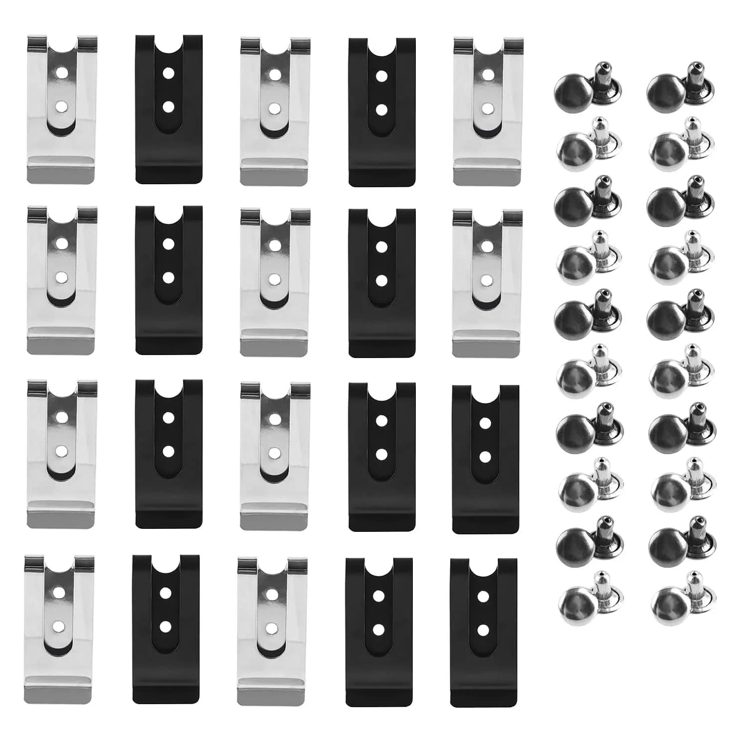 Wzttdm Metal Belt Clip with Rivets (20 Pairs Black, 20 Pairs Silver) | Heavy Duty Holster Fastener for Leather Crafts - main product image