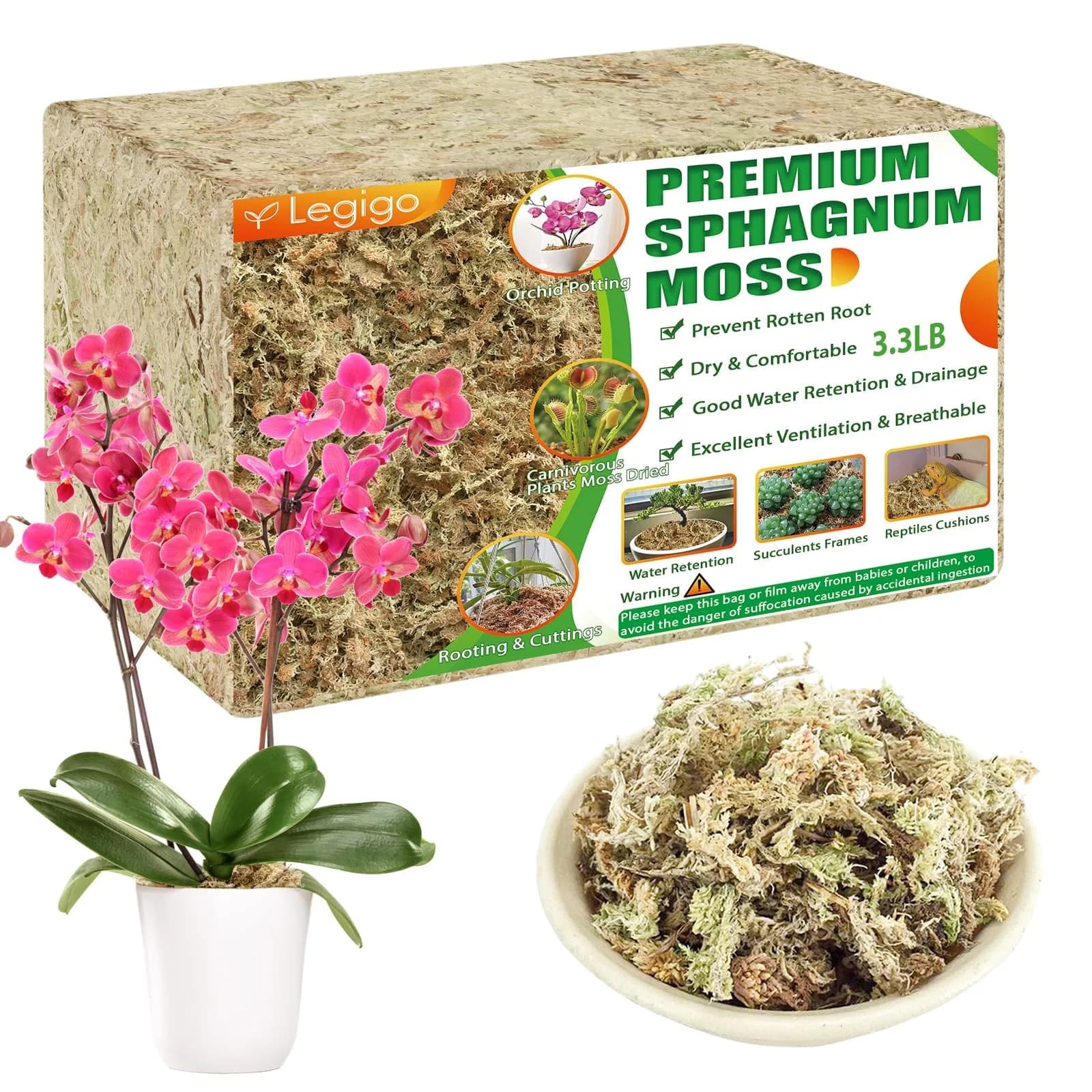 Legigo Natural Sphagnum Moss for Plants — 60 QT (1.49 kg) | Premium Long Fibers for Orchids, Succulents, Carnivorous Plants