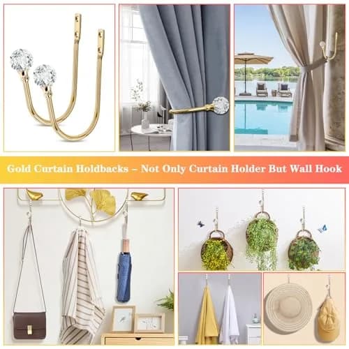 KOLAKO Crystal Ball Curtain Holdbacks 6 Pack Rose Gold Metal Heavy Duty Drapery Holders | U-Shaped Wall Mounted Hooks for Thick Drapes thumbnail 7