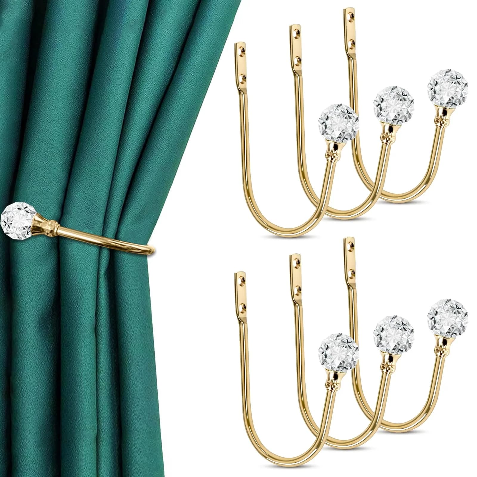 KOLAKO Crystal Curtain Holdbacks 4 Pack Silver Tieback Hooks | Decorative Metal Window Treatment Holdback — Rose Gold