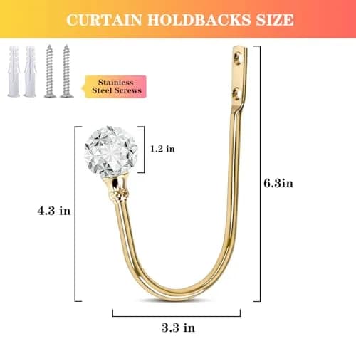 KOLAKO Crystal Ball Curtain Holdbacks 6 Pack Rose Gold Metal Heavy Duty Drapery Holders | U-Shaped Wall Mounted Hooks for Thick Drapes thumbnail 2