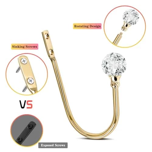 KOLAKO Crystal Ball Curtain Holdbacks 6 Pack Rose Gold Metal Heavy Duty Drapery Holders | U-Shaped Wall Mounted Hooks for Thick Drapes thumbnail 4