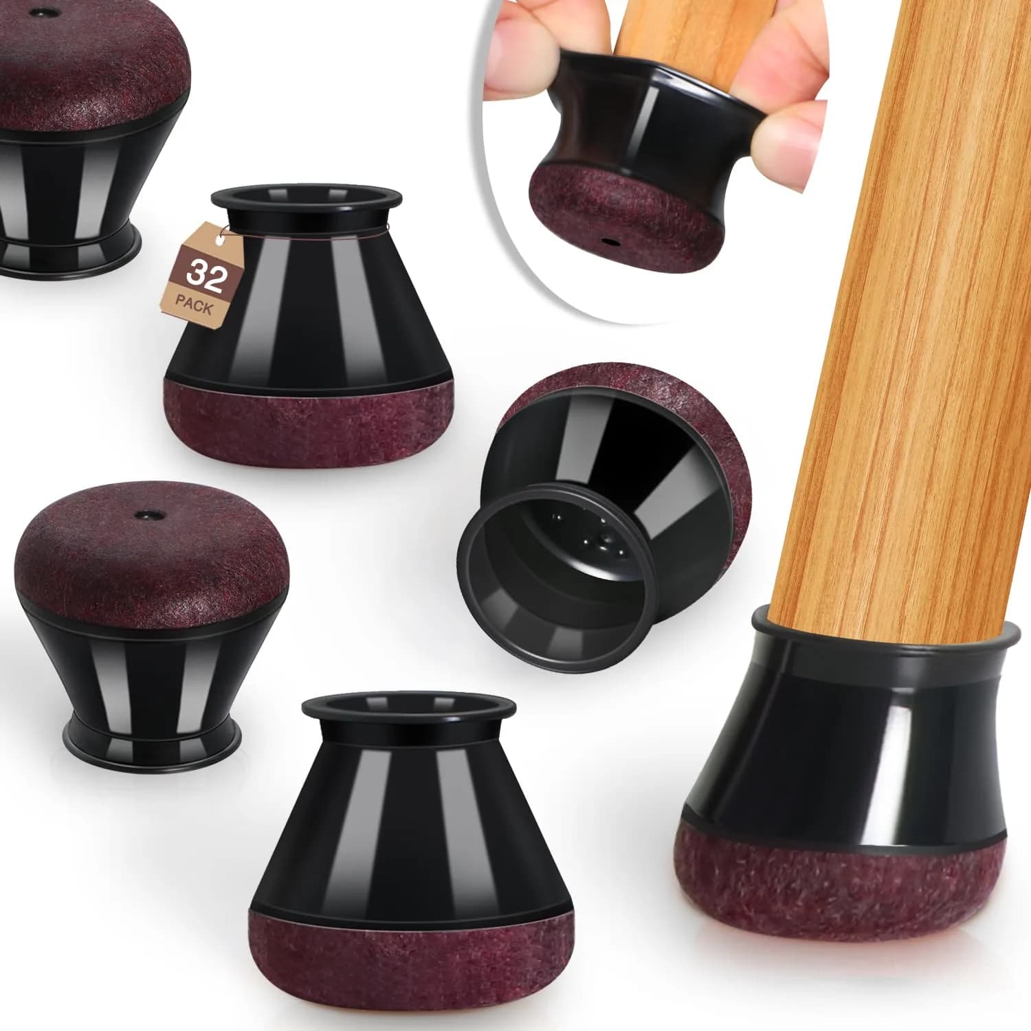 YOZON Chair Leg Floor Protectors Silicone Caps with Felt Base, 32 Pack Black Round Medium | Protects Floors & Reduces Noise