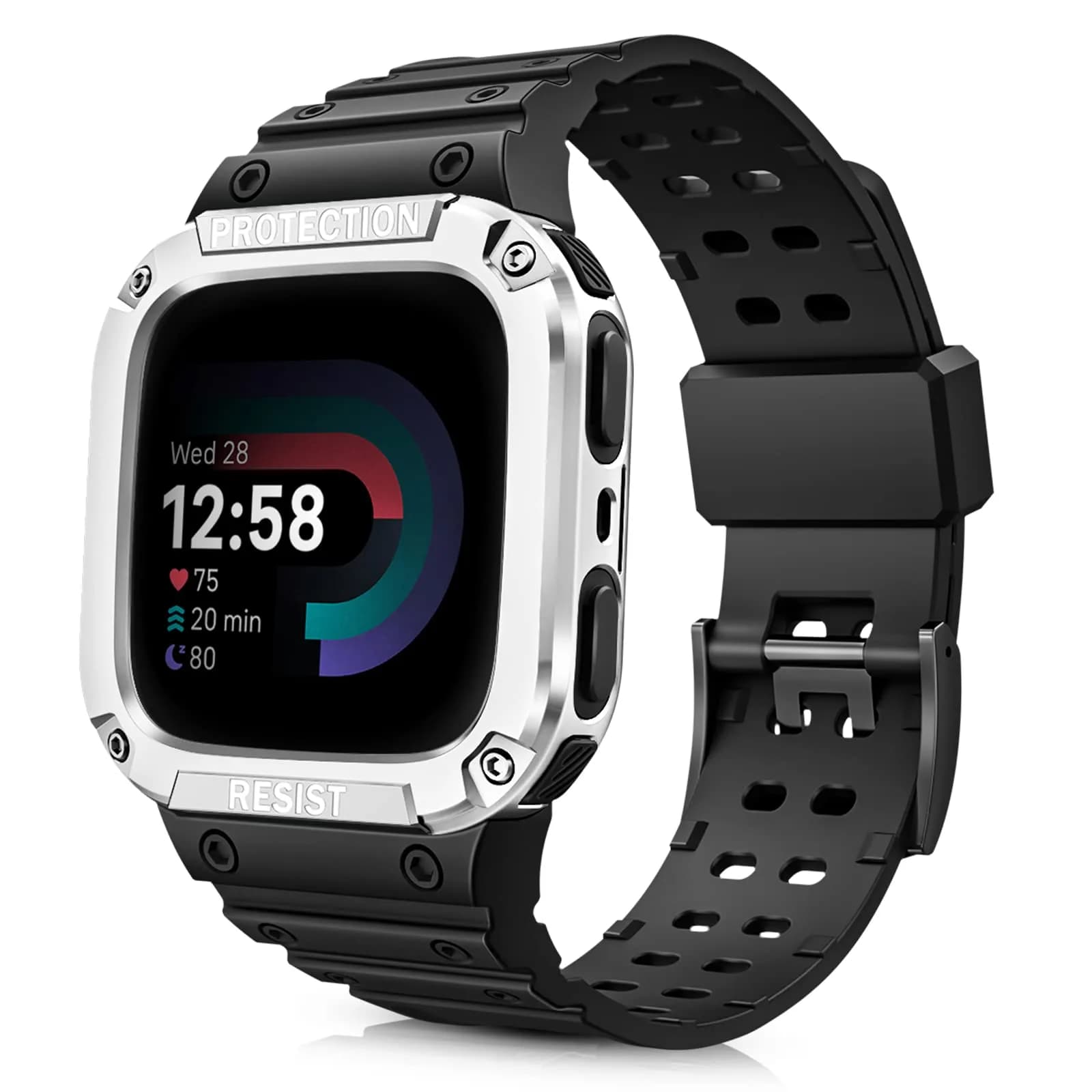 FINTIE Rugged Band with Case for Fitbit Versa 4/3/2/1/Lite & Sense 2, Black, 165mm-245mm (6.5-9.5 inch) — Black/Silver