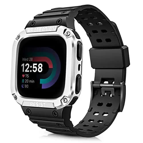 FINTIE Rugged Band with Case for Fitbit Versa 4/3/2/1 & Sense 2/1 - Black/Silver, 165mm-245mm (6.5-9.5 inch) thumbnail 1