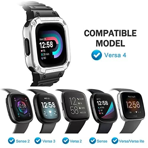 FINTIE Rugged Band with Case for Fitbit Versa 4/3/2/1 & Sense 2/1 - Black/Silver, 165mm-245mm (6.5-9.5 inch) thumbnail 2