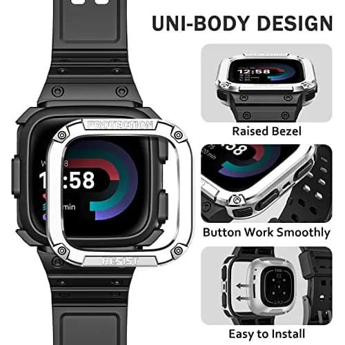 FINTIE Rugged Band with Case for Fitbit Versa 4/3/2/1 & Sense 2/1 - Black/Silver, 165mm-245mm (6.5-9.5 inch) thumbnail 3