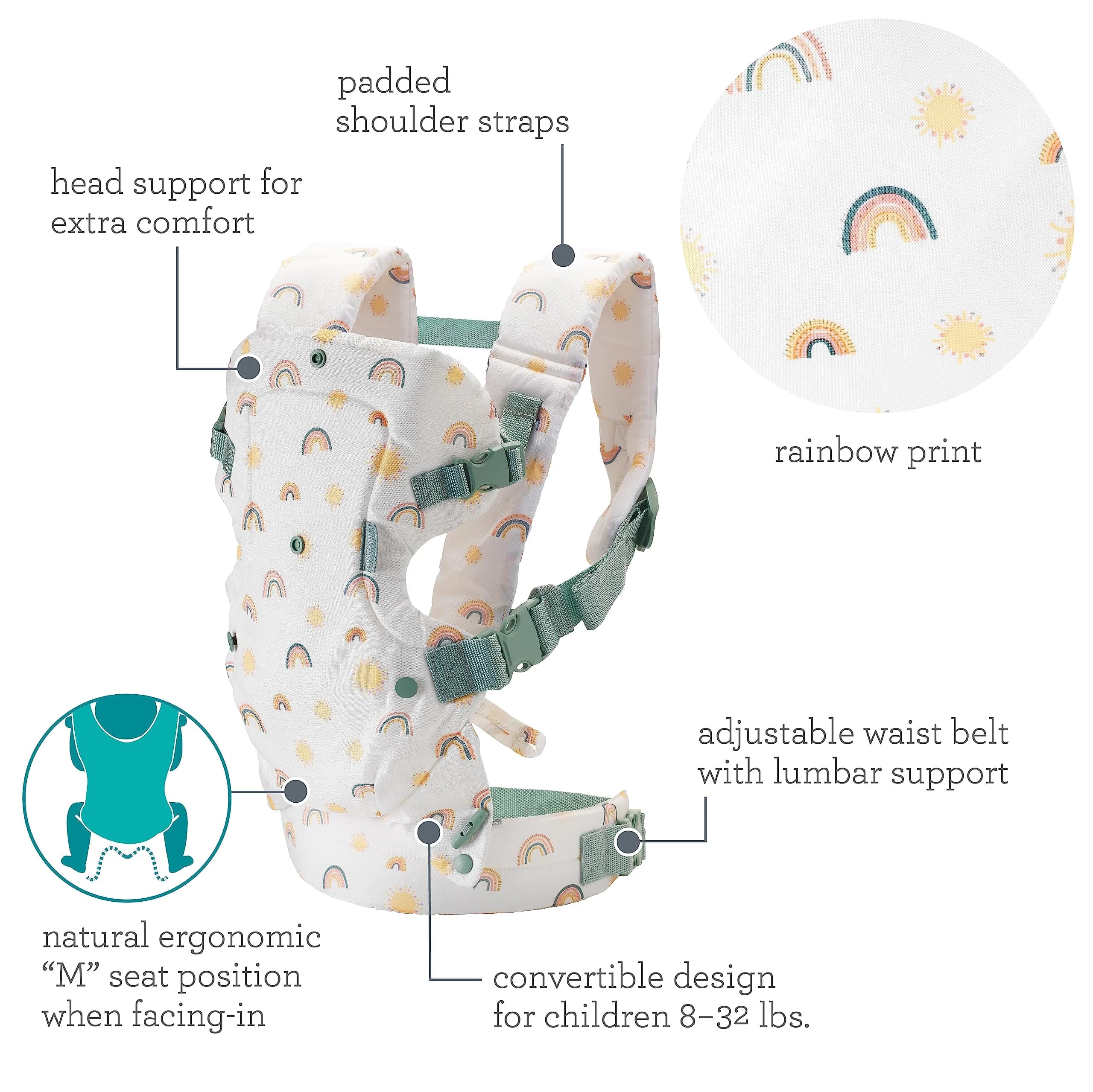 Infantino Flip 4-in-1 Baby Carrier Convertible Ergonomic, Rainbow | Adjustable, 8-32 lbs, 4 Carry Modes thumbnail 4