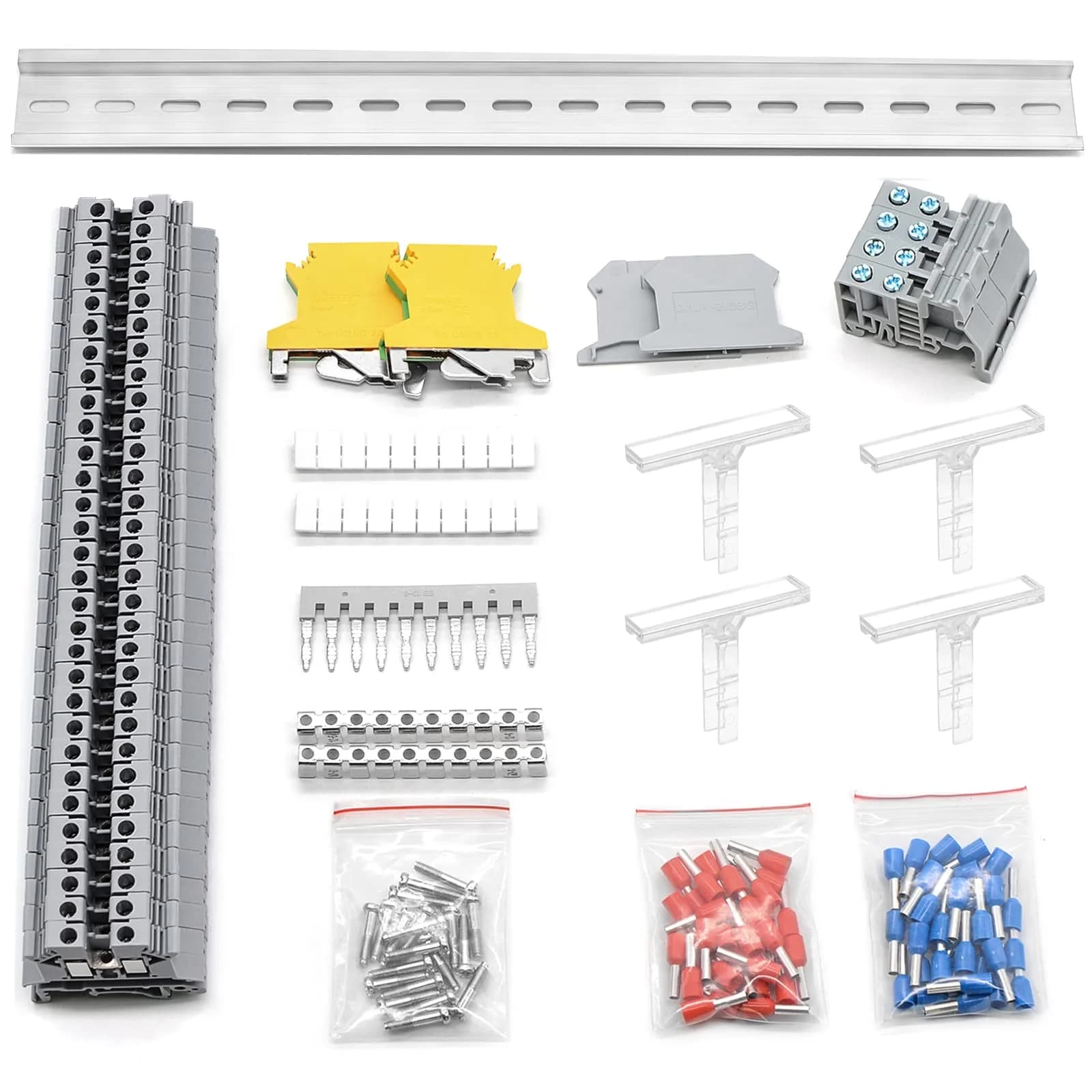 GUETNEU Gray Terminal Block Kit with DIN Rail, 32-Piece Set | Industrial Grade Wiring Connectors