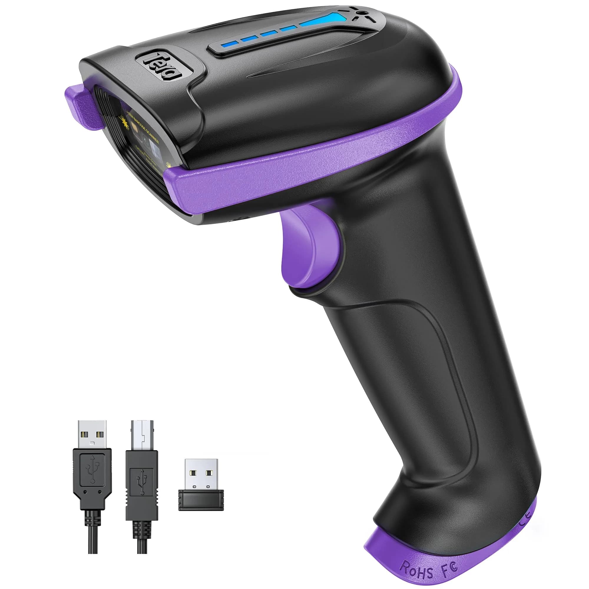 Tera 1D Wireless Laser Barcode Scanner 5100 Purple, 328 ft Range | Plug-and-Play USB & 2.4GHz Wireless