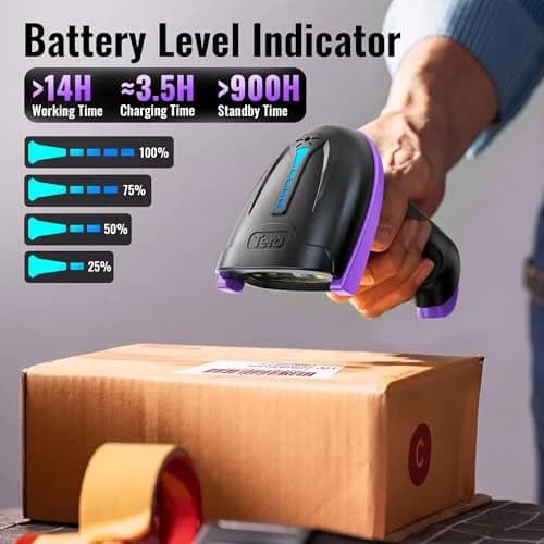 Tera 1D Wireless Laser Barcode Scanner 5100 Purple, 328 ft Range | Plug-and-Play USB & 2.4GHz Wireless thumbnail 2