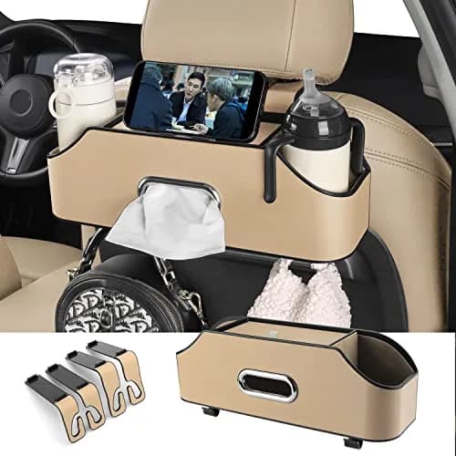 HOLDCY Car Back Seat Organizer with 2 Cup Holders, Tissue Box & Storage Hooks - Beige | Multi-functional Car Rear Seat Storage Pouch thumbnail 1