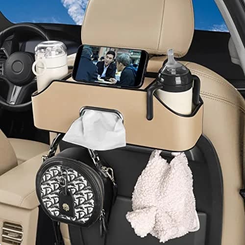 HOLDCY Car Back Seat Organizer with 2 Cup Holders, Tissue Box & Storage Hooks - Beige | Multi-functional Car Rear Seat Storage Pouch thumbnail 6