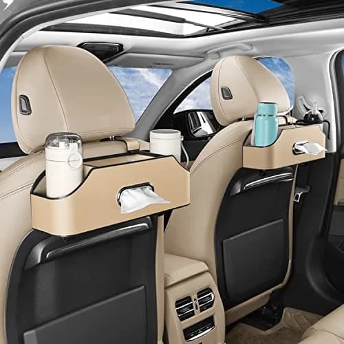 HOLDCY Car Back Seat Organizer with 2 Cup Holders, Tissue Box & Storage Hooks - Beige | Multi-functional Car Rear Seat Storage Pouch thumbnail 3