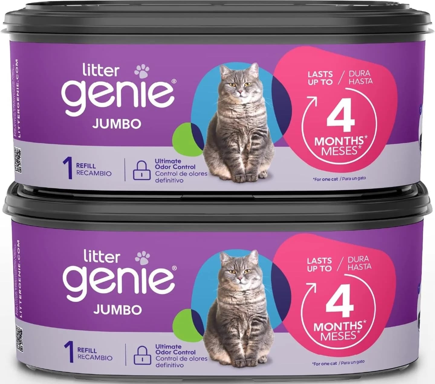 Litter Genie Jumbo Refill Bags 2-Pack (56 ft Continuous Film) | Odor-Locking Waste Bags for Cat Litter