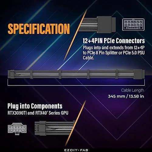EZDIY-FAB 16pin (12+4) 12VHPWR PCIe 5.0 GPU Power Sleeved Cable Extension, Male to Female, Compatible with RTX 4080, 4090, 4070, 16AWG with Cable Combs-Black Grey thumbnail 3