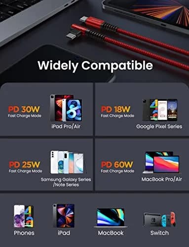 AINOPE USB C Cable 60W 2-Pack 3.3ft Nylon Braided | Fast Charging Right Angle USB Type C Cable for Samsung, MacBook, iPad, Pixel (3.3ft x2) thumbnail 7