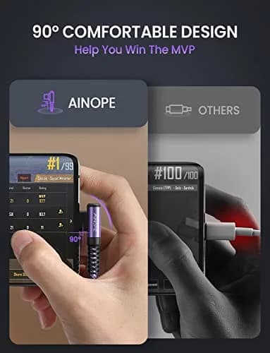 AINOPE Purple 10ft USB C to USB C Right Angle Cable - 60W Fast Charging, 2-Pack thumbnail 4