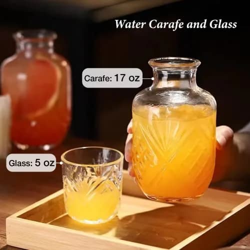 Mfacoy Bedside Water Carafe and Glass Set | 17 OZ Glass Pitcher & 5 OZ Cup | Vintage Bedroom Serveware thumbnail 3