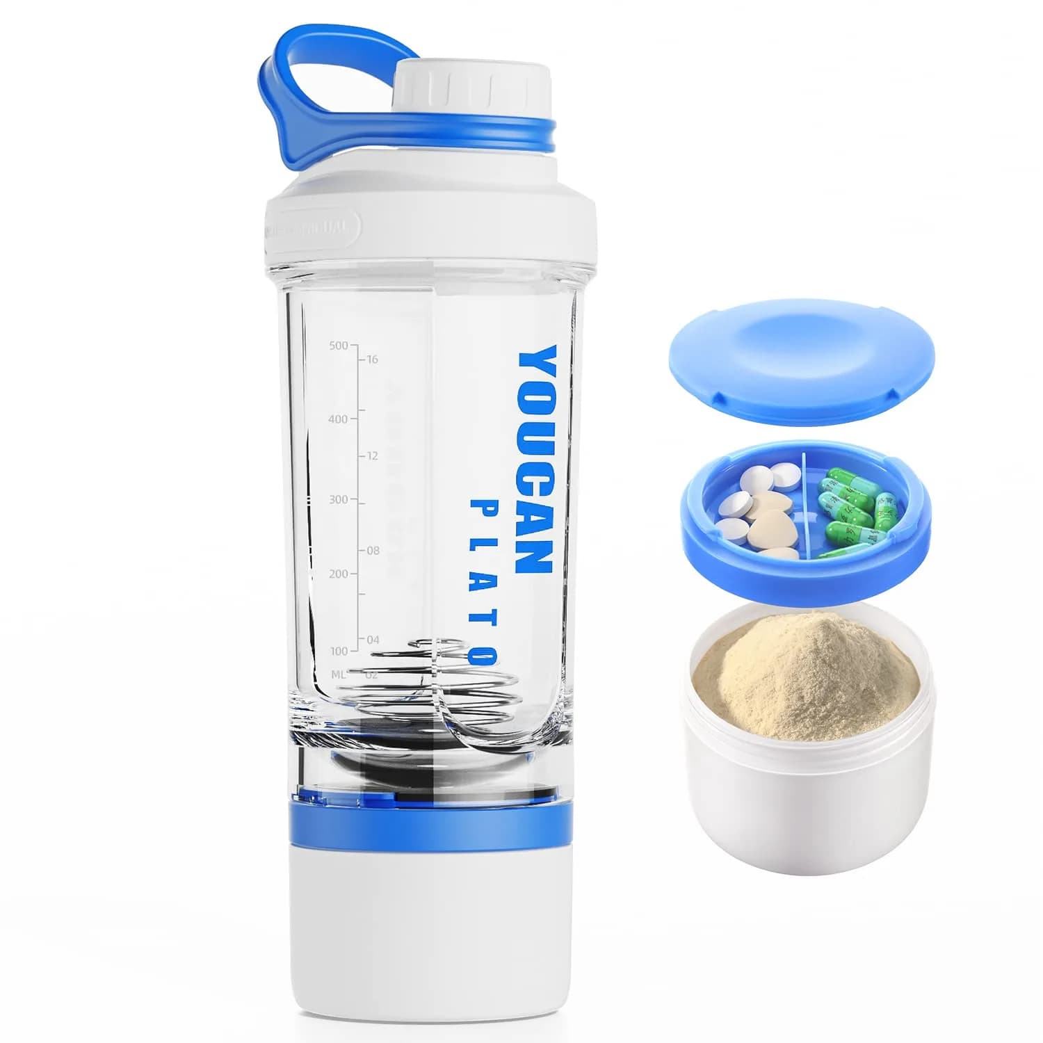 youcanplato 21oz Protein Shaker Bottle with Powder & Pill Storage | BPA Free Tritan, Red — Blue