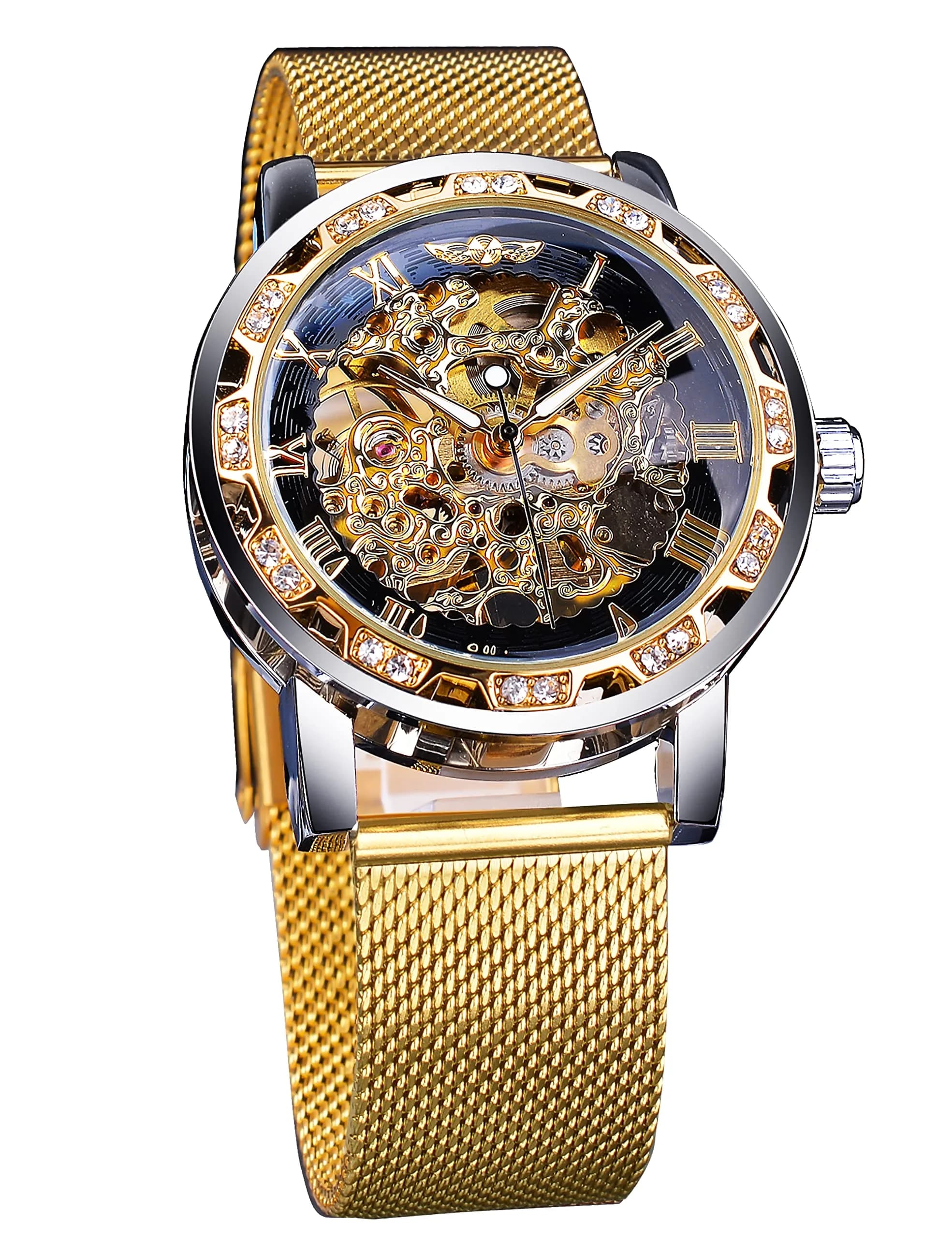 FORSINING Retro Skeleton Automatic Watch 49mm (1.93in) | Luxury Mechanical Watch with Diamond Dial — Gold-W