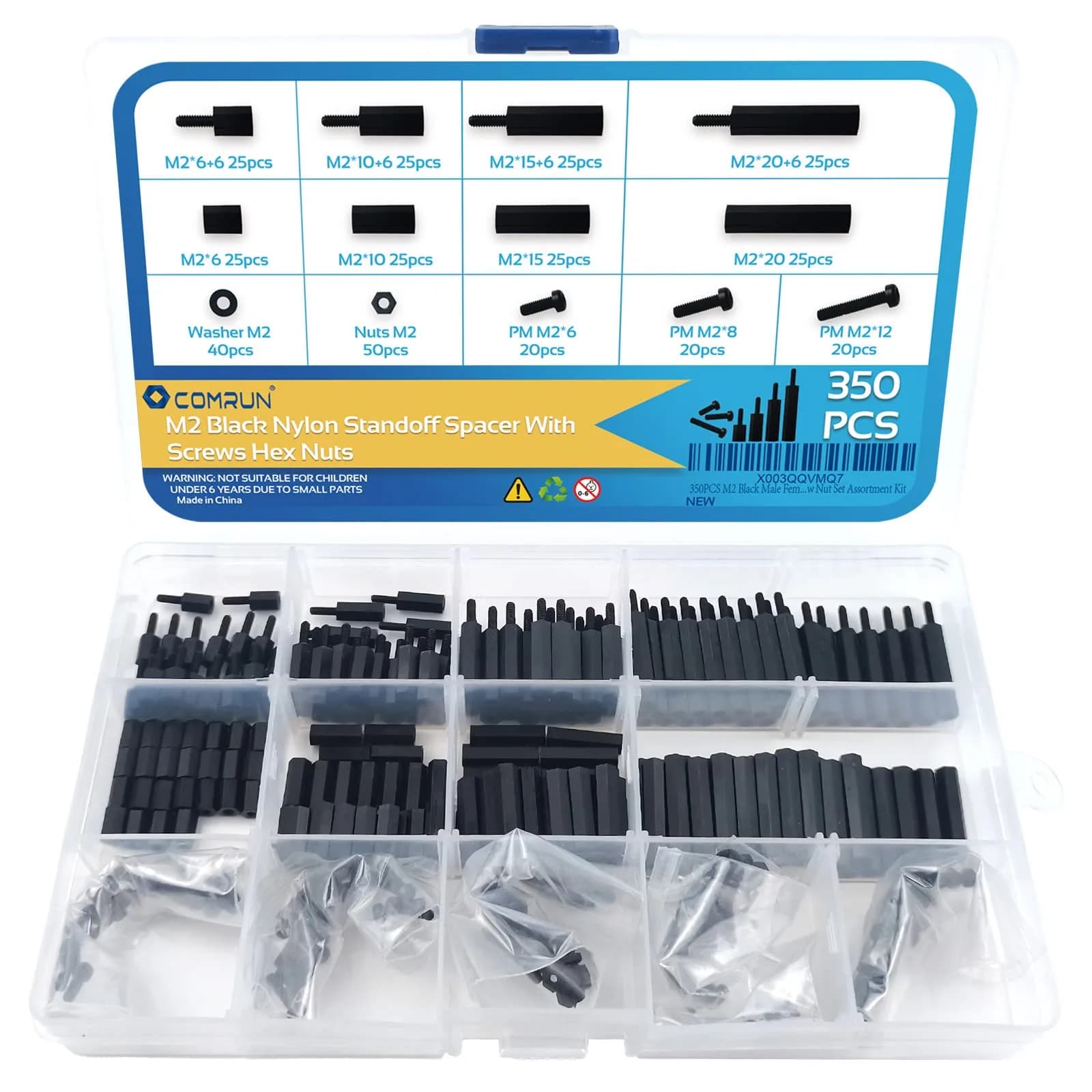 COMRUN M2 Black Nylon Hex Spacer Standoff Screw Nut Set Assortment Kit 350PCS | For PCB Motherboard Circuit Board