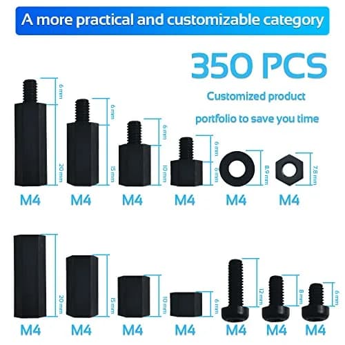 COMRUN M4 Black Nylon Hex Spacer Standoff Screw Nut Set Assortment Kit (350 Pieces, Black) | For PCB Motherboards & Electronics thumbnail 2