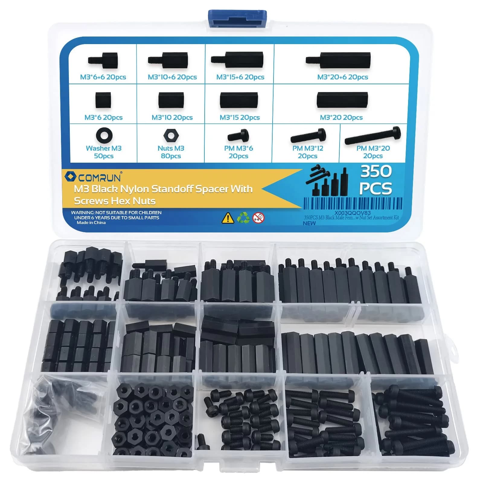 COMRUN M3 Black Male Female Nylon Hex Spacer Standoff Screw Nut Set Assortment Kit (350PCS) | For PCB Motherboard Circuit Board