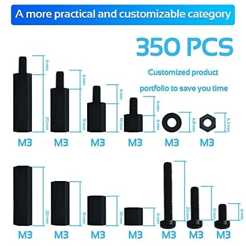 COMRUN M3 Black Male Female Nylon Hex Spacer Standoff Screw Nut Set Assortment Kit (350PCS) | For PCB Motherboard Circuit Board thumbnail 2