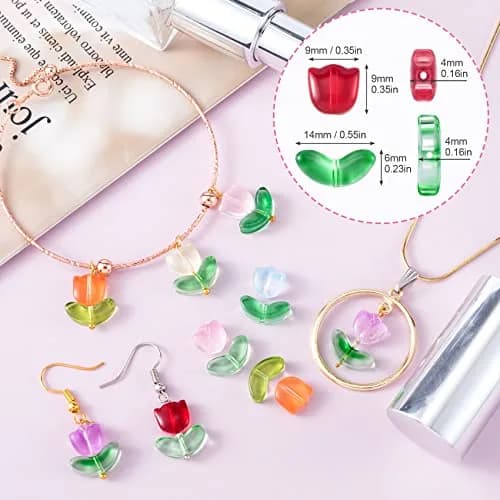 PAGOW 160pcs Tulip Flower Beads, Colorful Glass Translucent Bracelet Beads | Unique DIY Jewelry Craft thumbnail 2